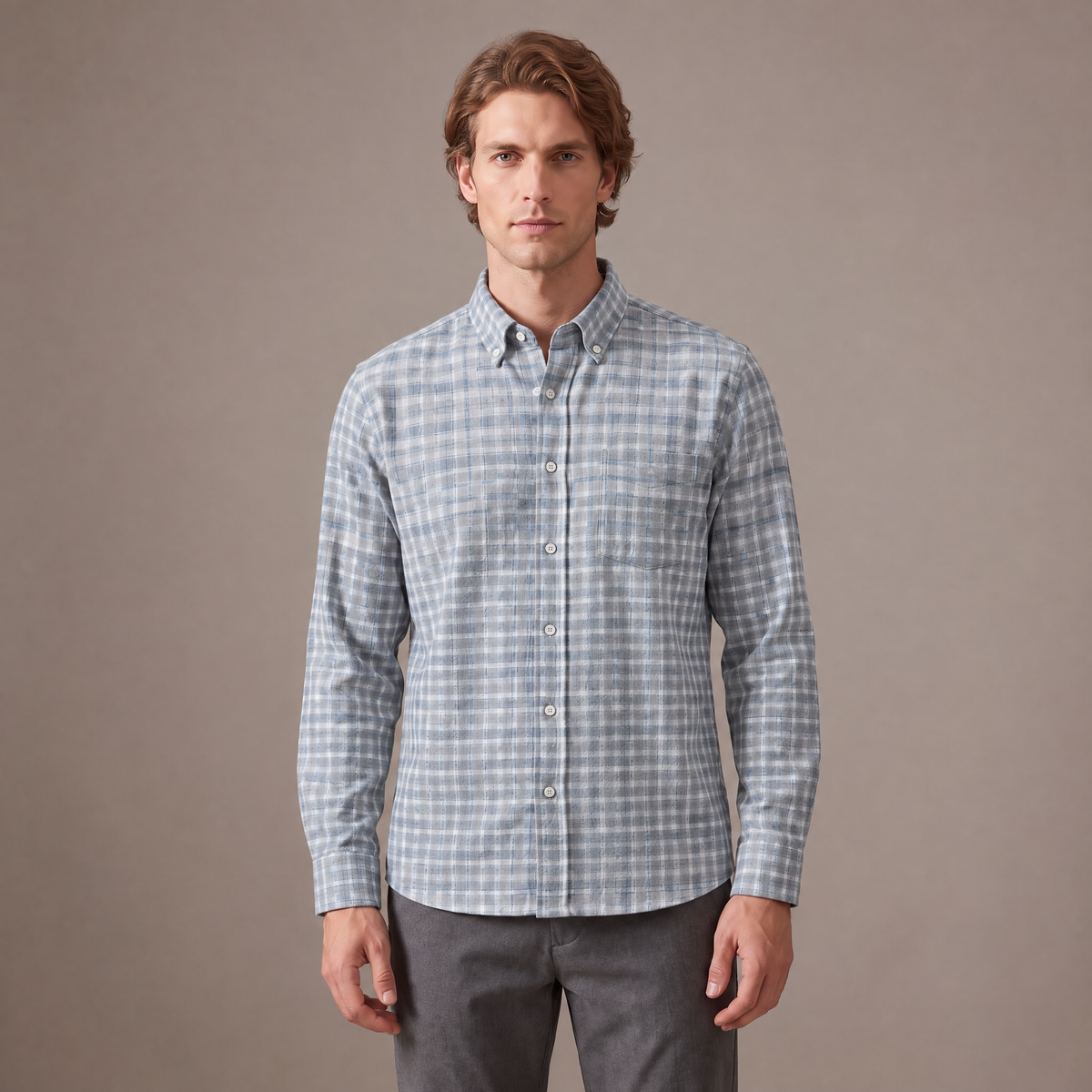 Men's brushed cotton flannel shirt in light grey check, front view