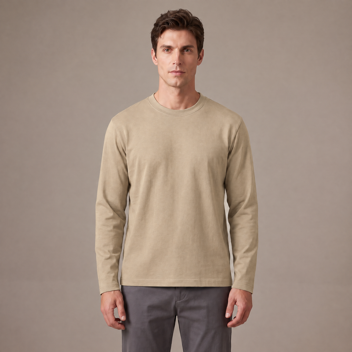 Men's heavy opaque cotton long sleeve t-shirt in khaki