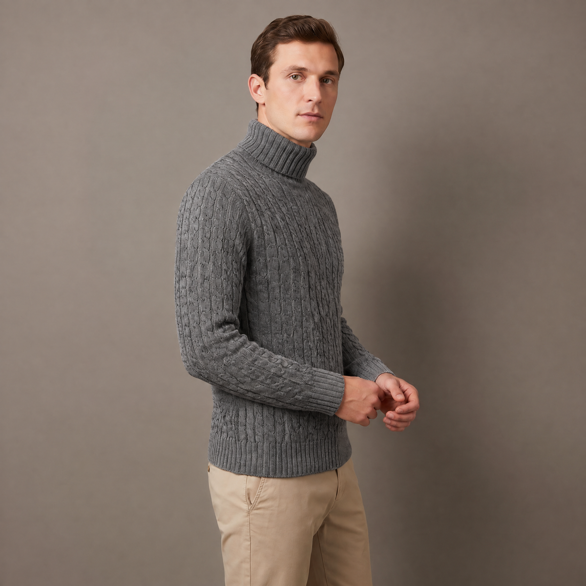 Men's fleece-lined roll neck jumper in grey, three-quarter view