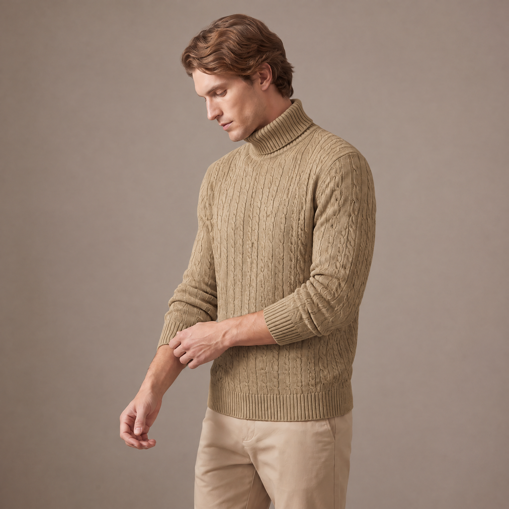 Men's fleece-lined roll neck jumper in beige, three-quarter view
