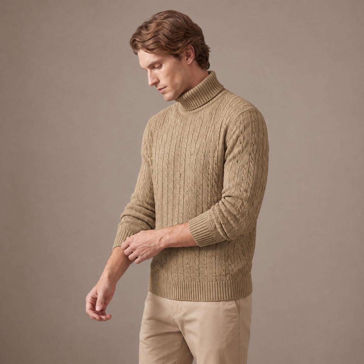 Men's fleece-lined roll neck jumper in beige, three-quarter view