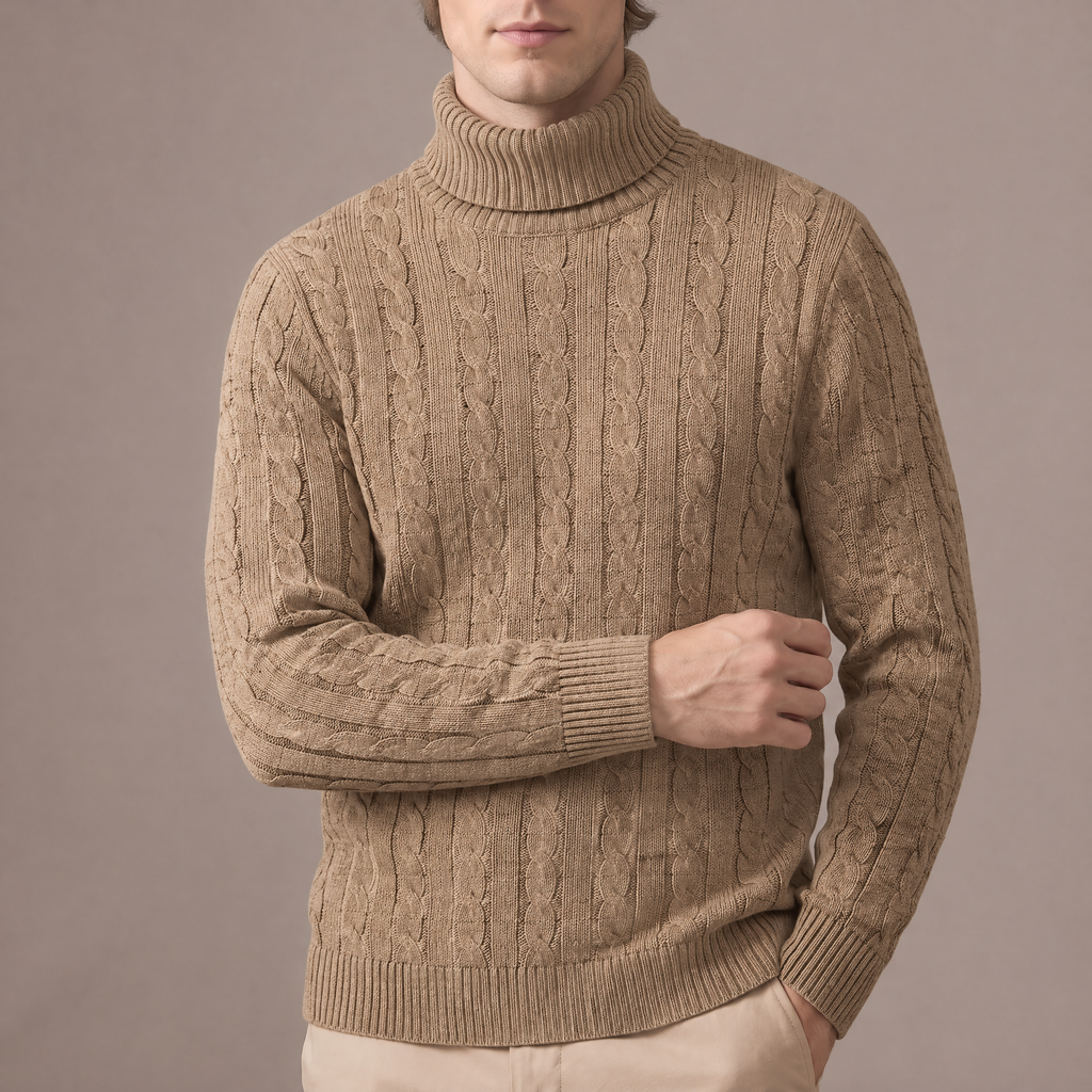 Men's fleece-lined roll neck jumper in beige, knit detail