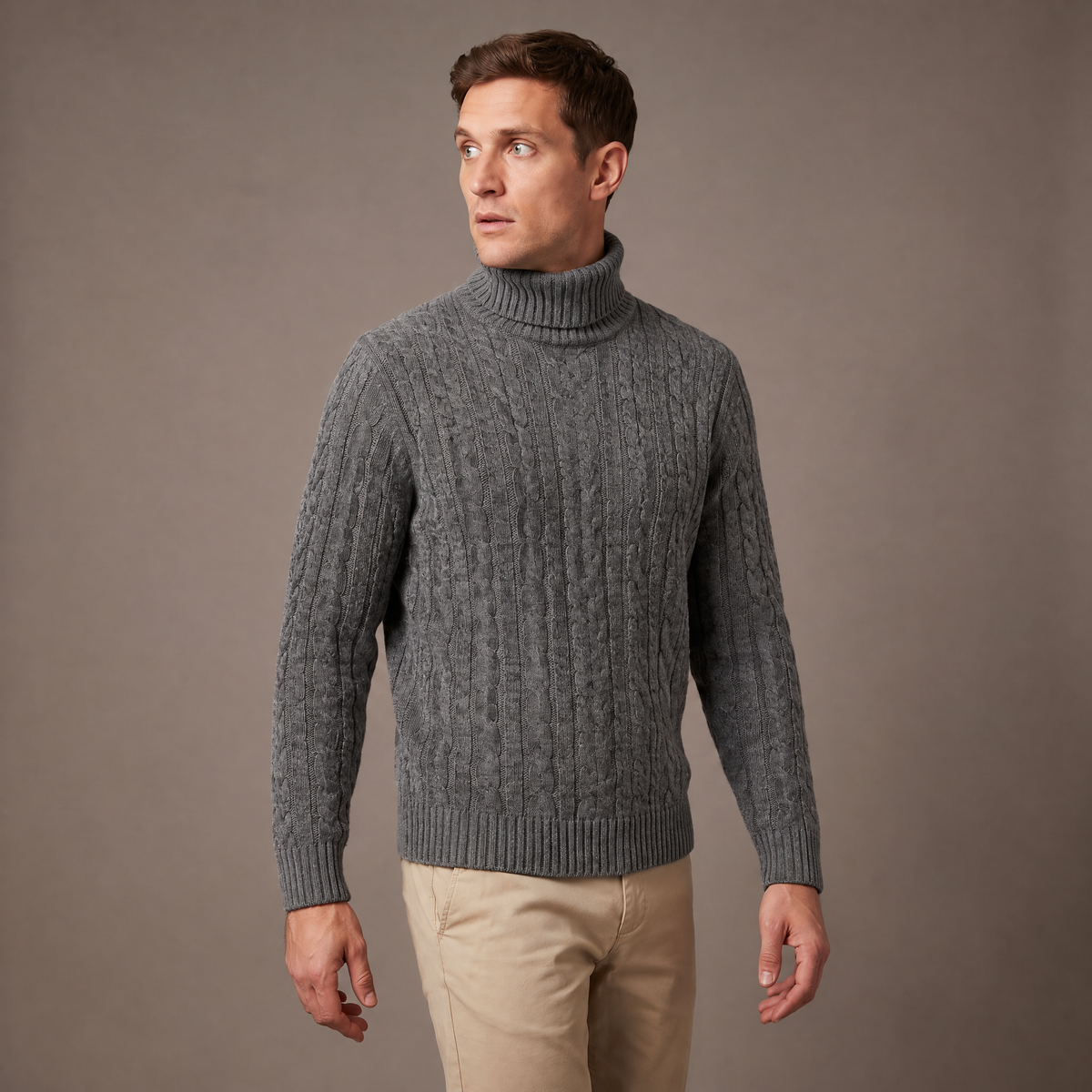 Men's fleece-lined roll neck jumper in grey, front view