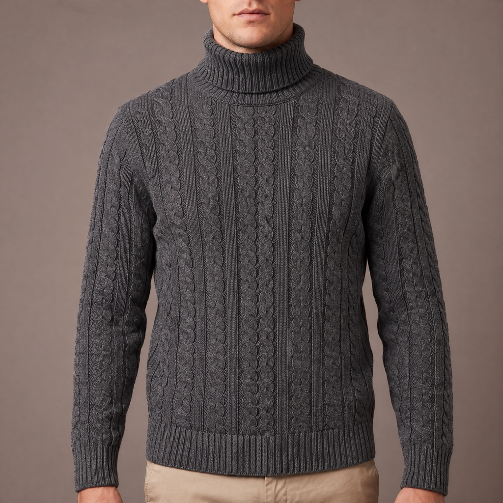 Men's fleece-lined roll neck jumper in grey, cable and collar detail