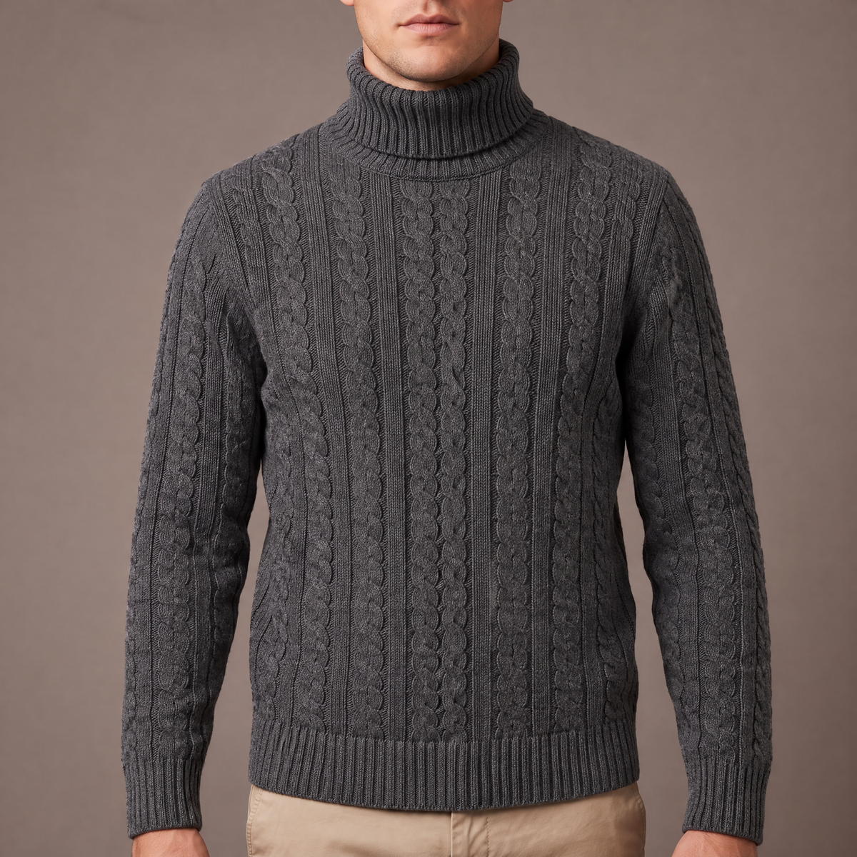Men's fleece-lined roll neck jumper in grey, cable and collar detail