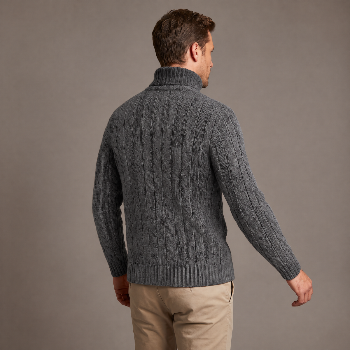 Men's fleece-lined roll neck jumper in grey, back view