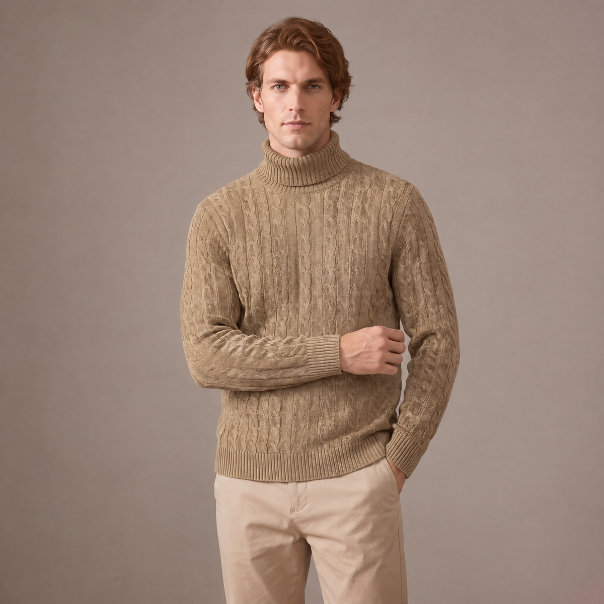 Men's fleece-lined roll neck jumper in beige, front view