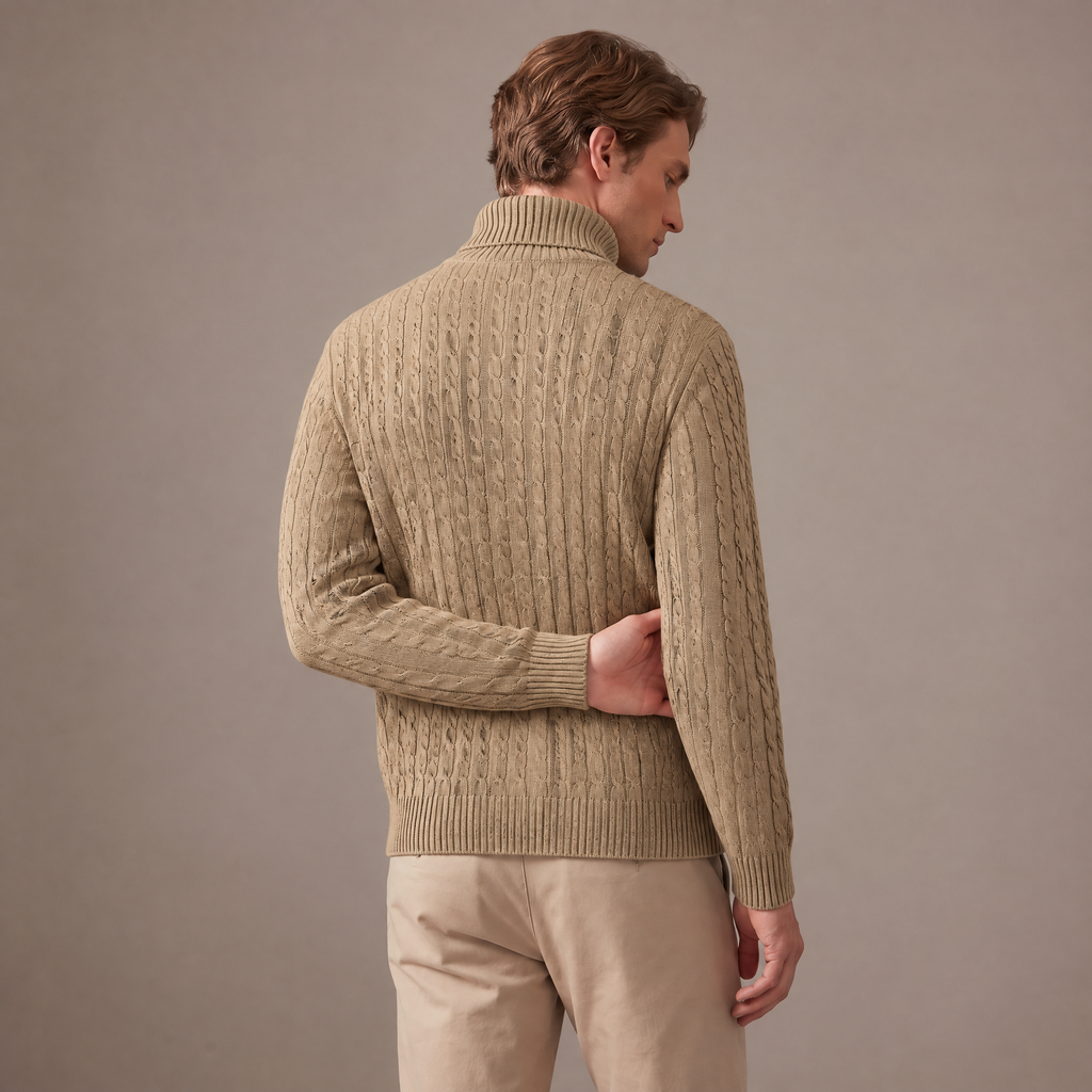 Men's fleece-lined roll neck jumper in beige, back view