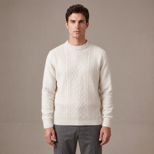 Men's merino wool cable knit jumper in white, front view