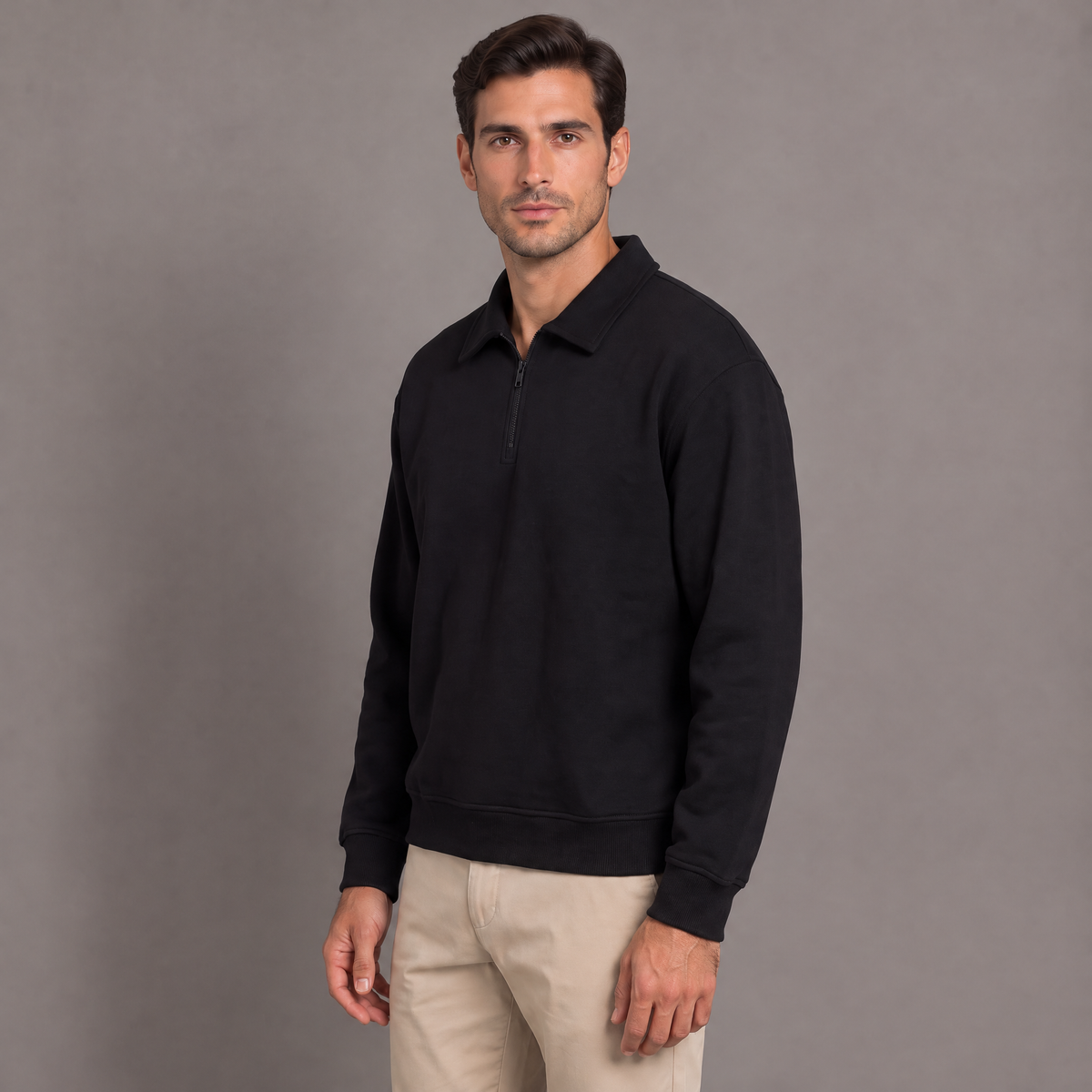 Men's quarter zip sweatshirt in black, three-quarter view