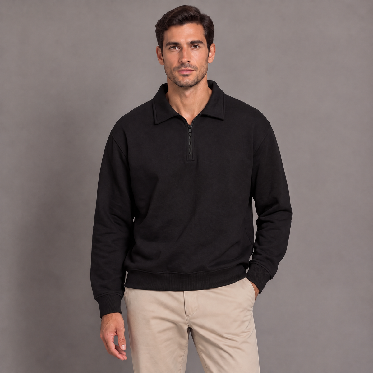 Men's quarter zip sweatshirt in black, front view