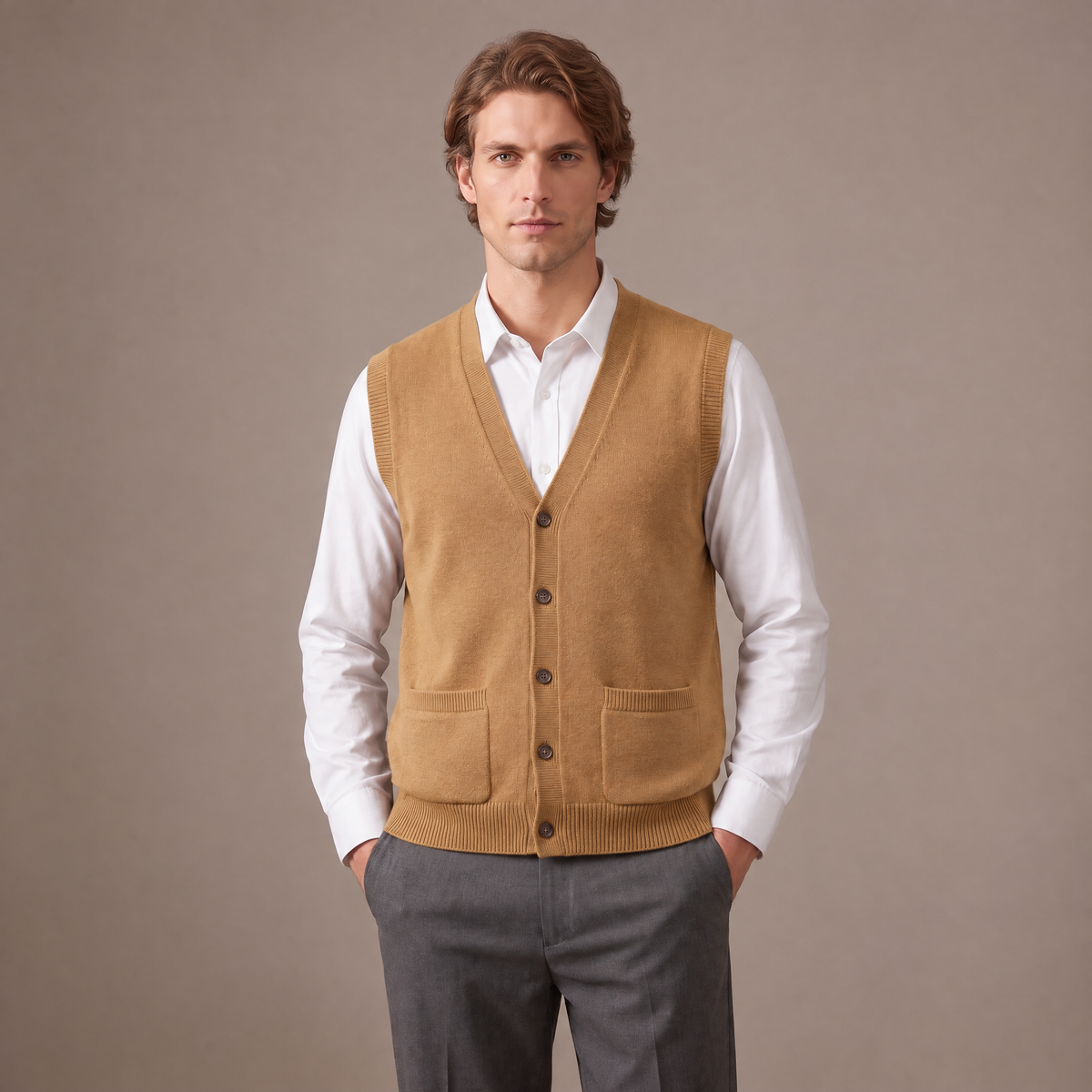 Men's button-front wool knitted vest in camel
