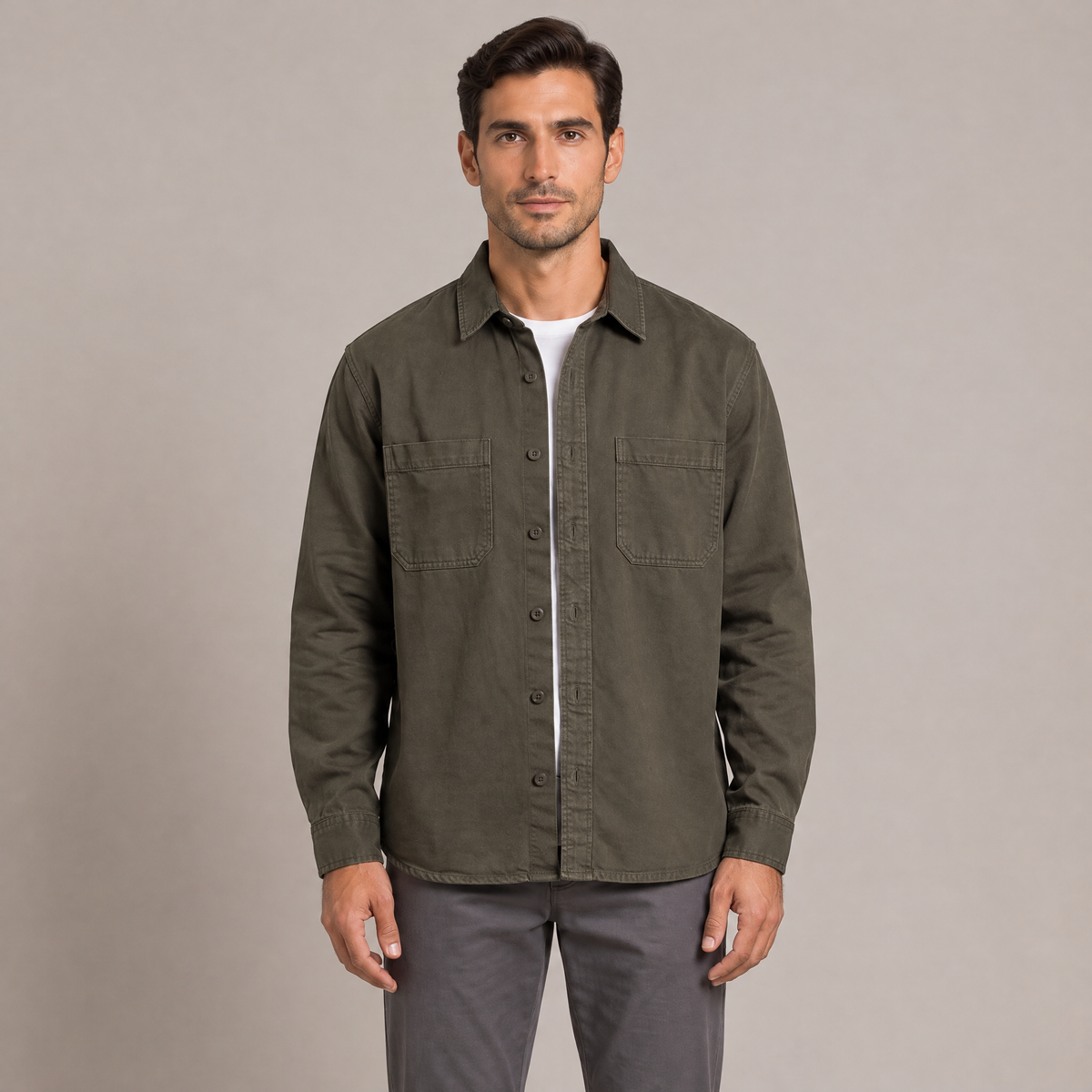 Men's washed cotton workwear shirt in olive, front view