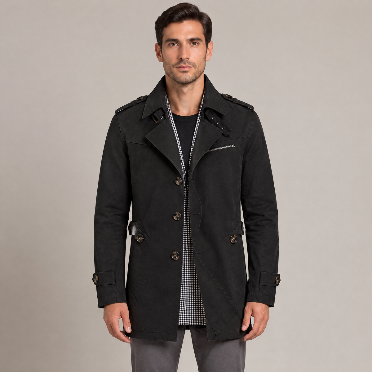 Men's washed cotton mid-length jacket in black, front view