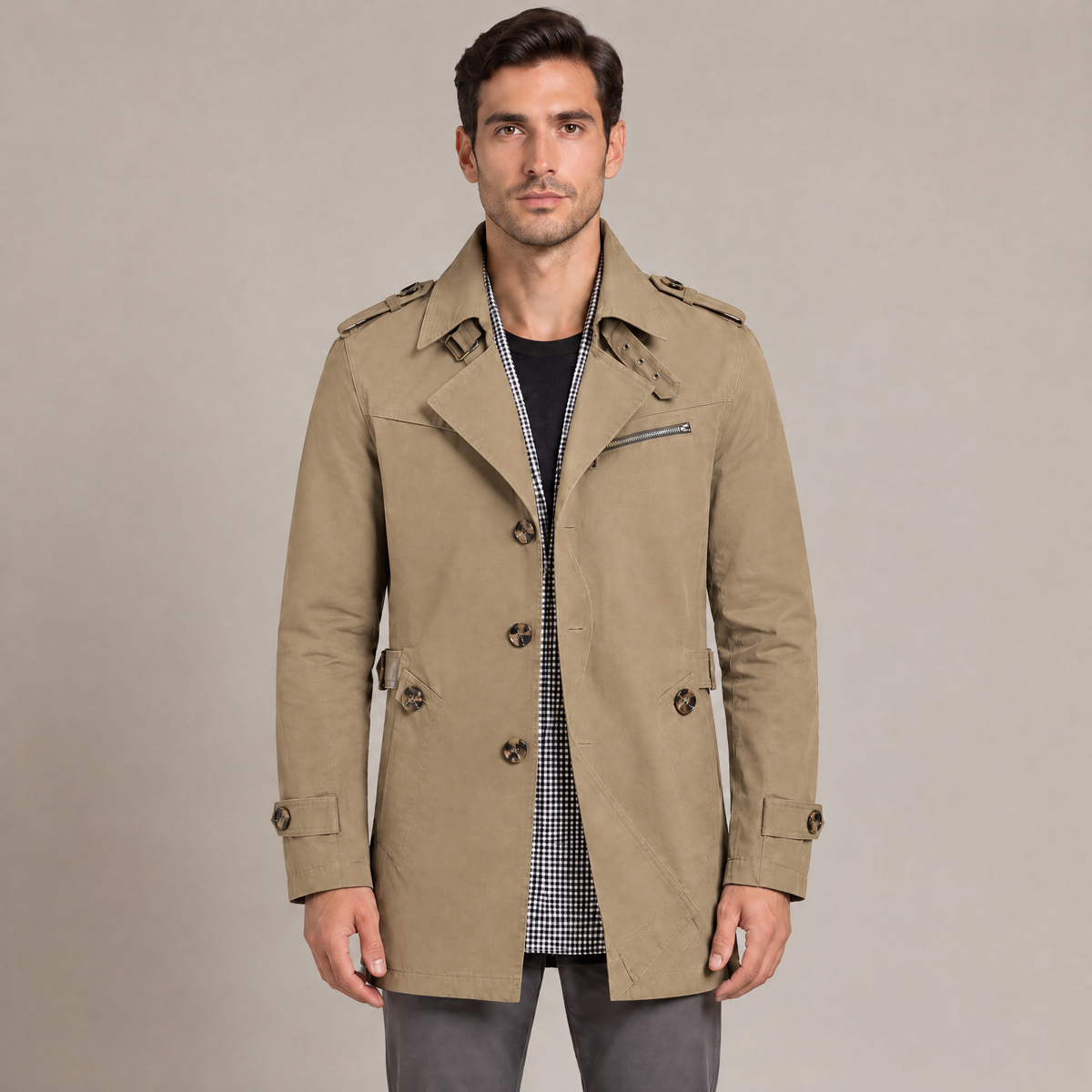 Men's washed cotton mid-length jacket in khaki, front view