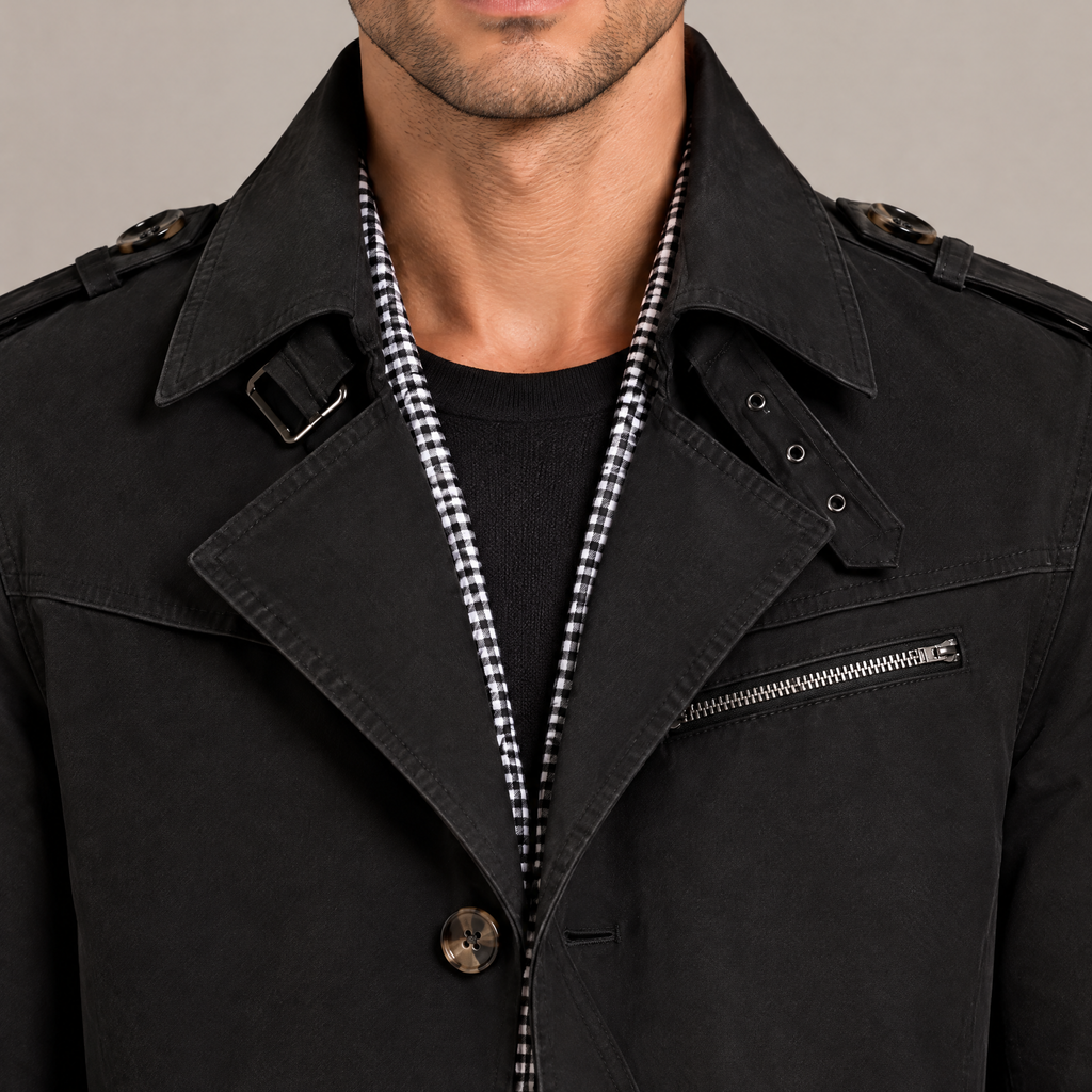 Close-up of the notch lapel, throat tab and zipped chest pocket, in black