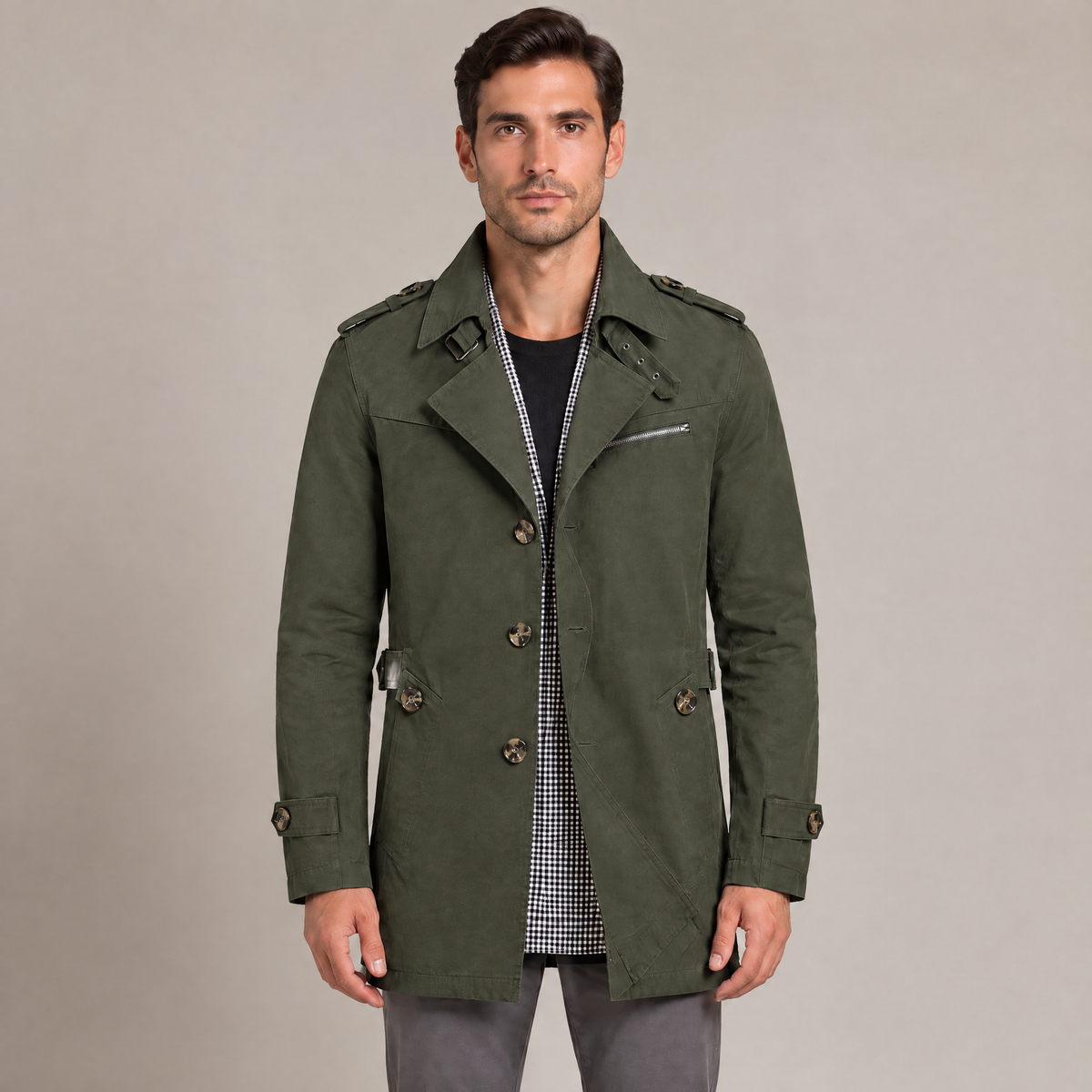 Men's washed cotton mid-length jacket in olive, front view