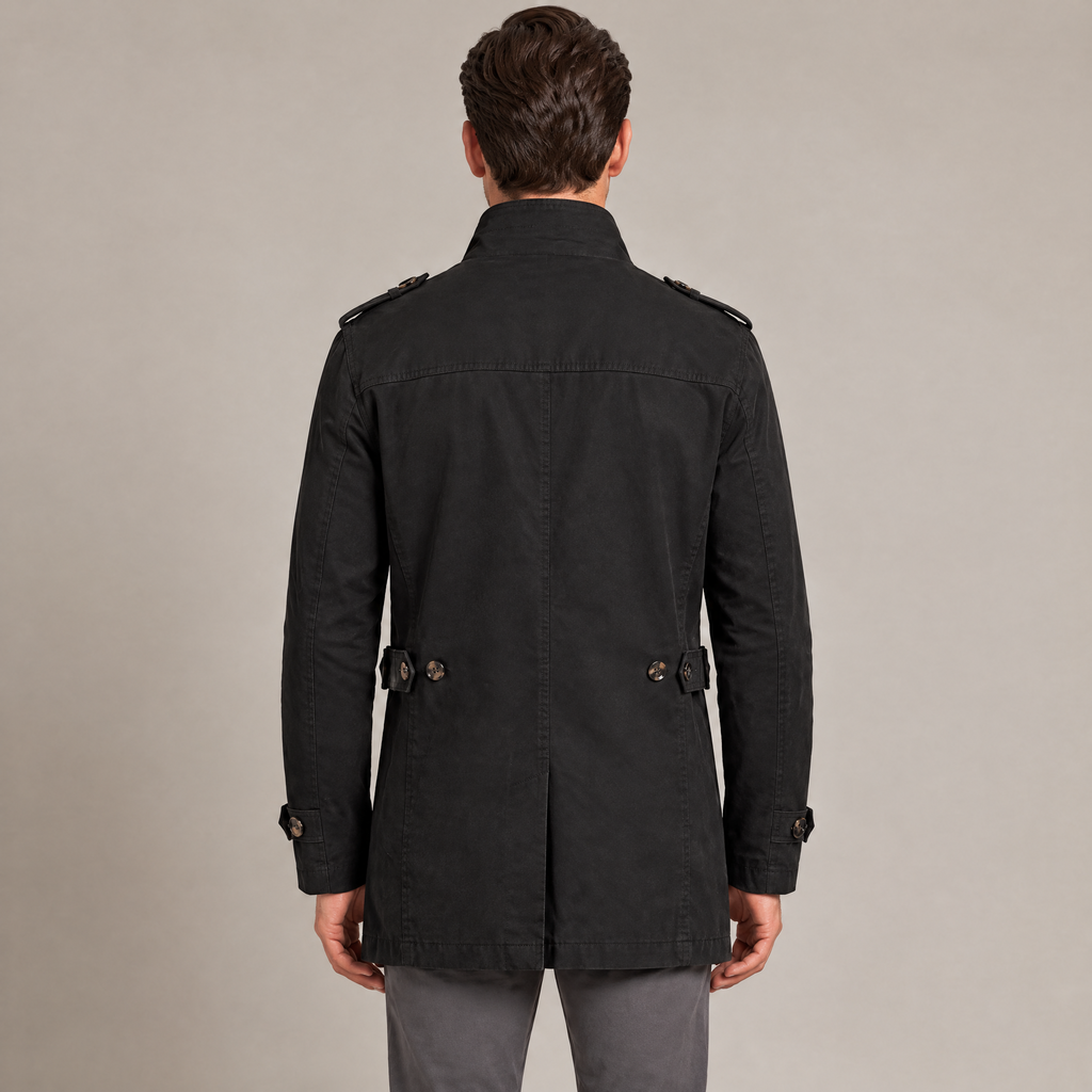 Back view of the washed cotton jacket in black