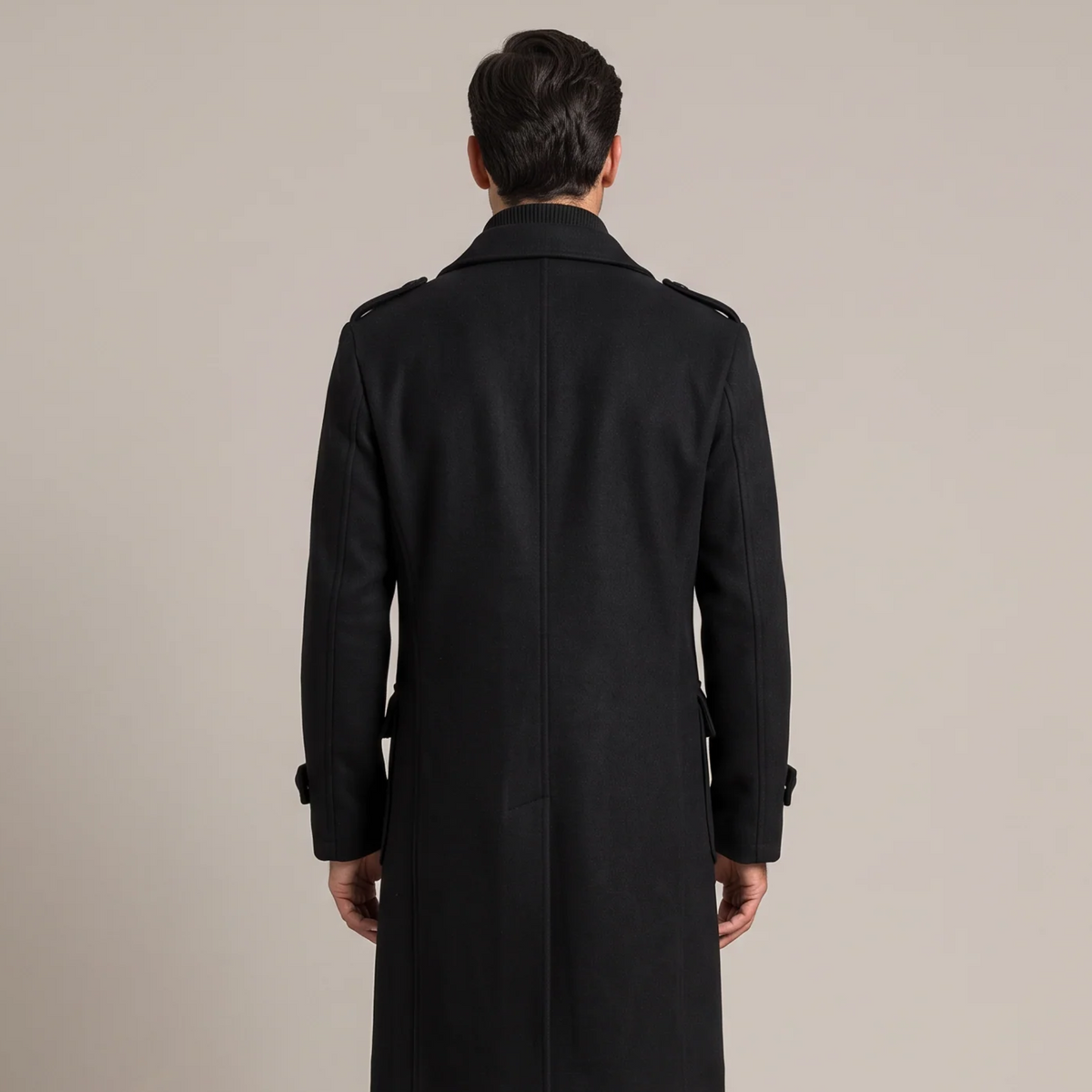 Back view of the overcoat in black
