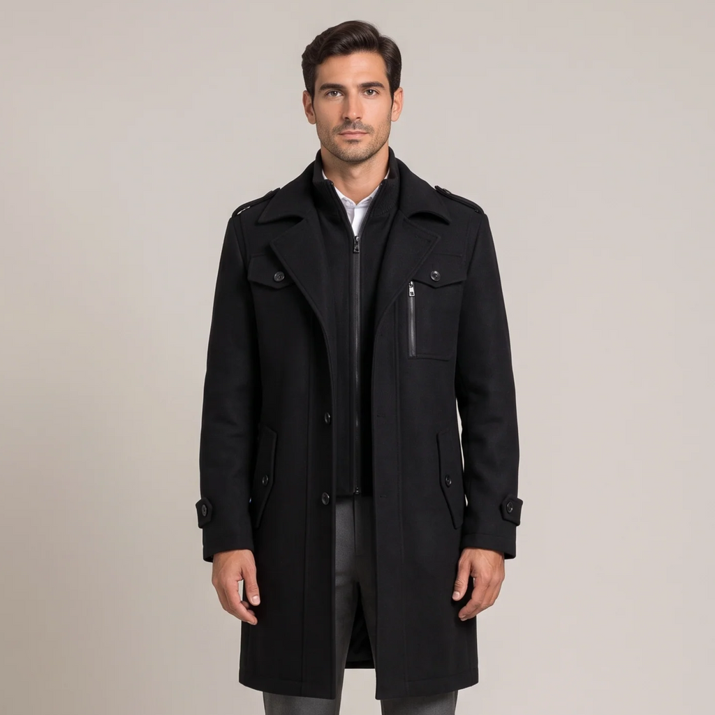 Men's double collar overcoat in black