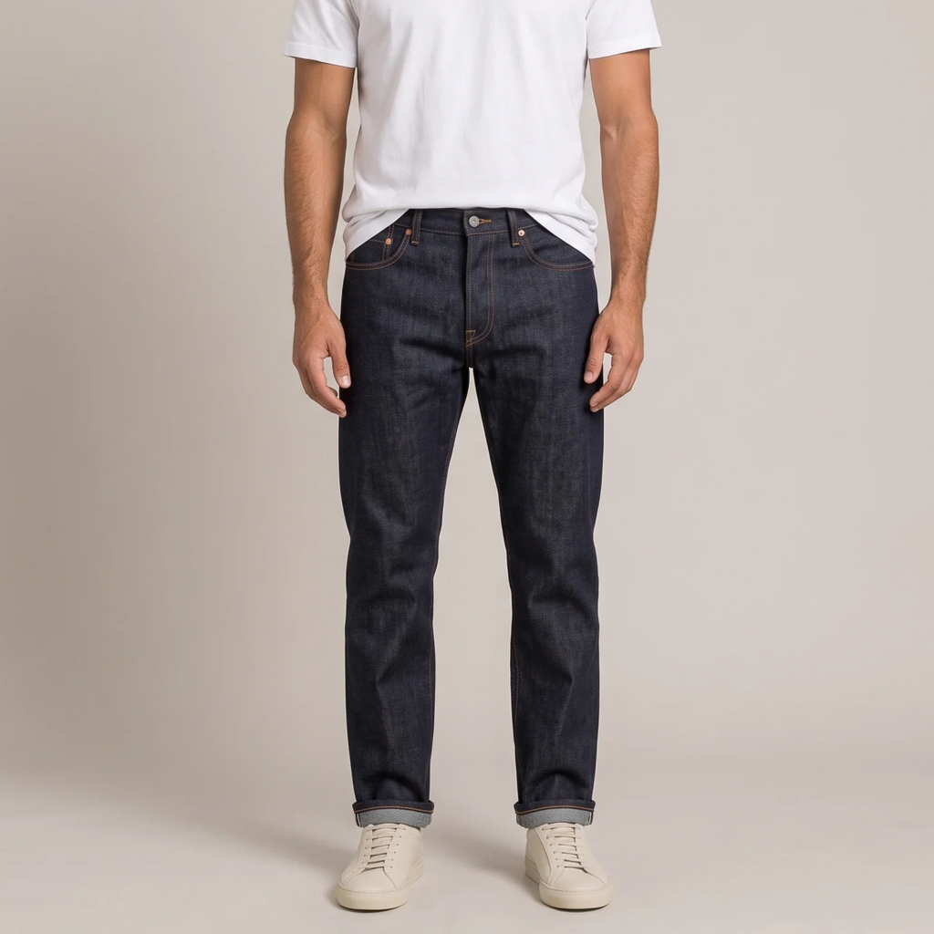 Men's 14oz raw selvedge jeans in unwashed indigo, front view