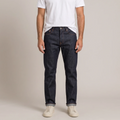 Men's 14oz raw selvedge jeans in unwashed indigo, front view