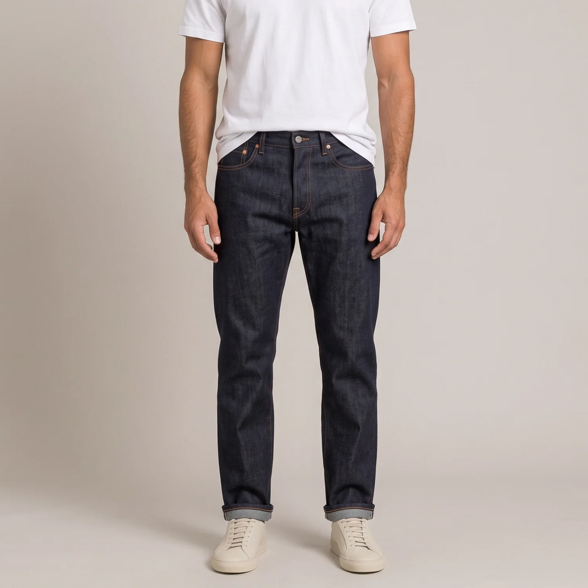 Men's 14oz raw selvedge jeans in unwashed indigo, front view