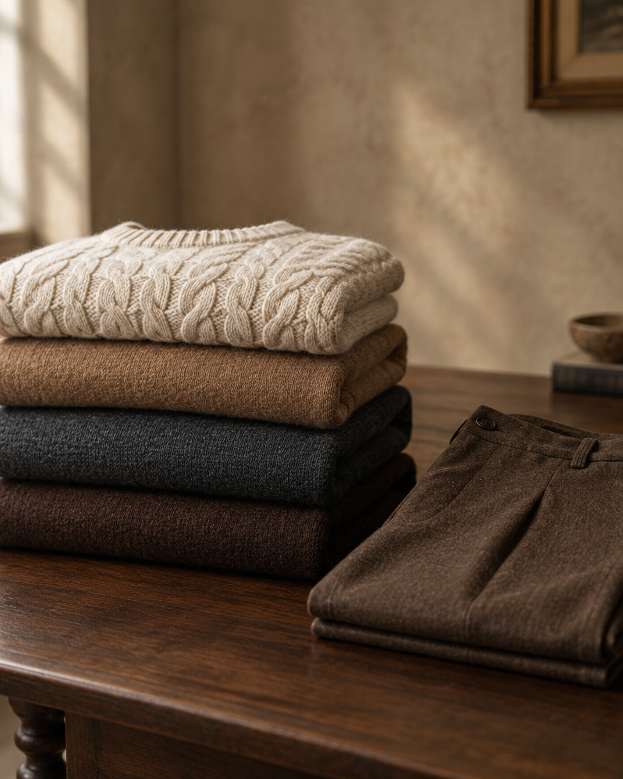 Folded cable knit, lambswool and merino jumpers stacked on a walnut table with wool trousers