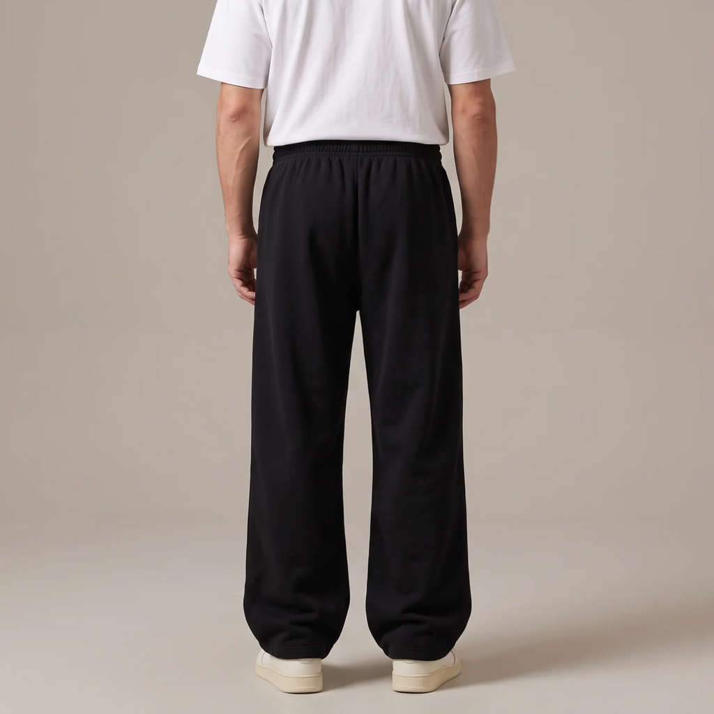 Back view of the wide leg joggers in black
